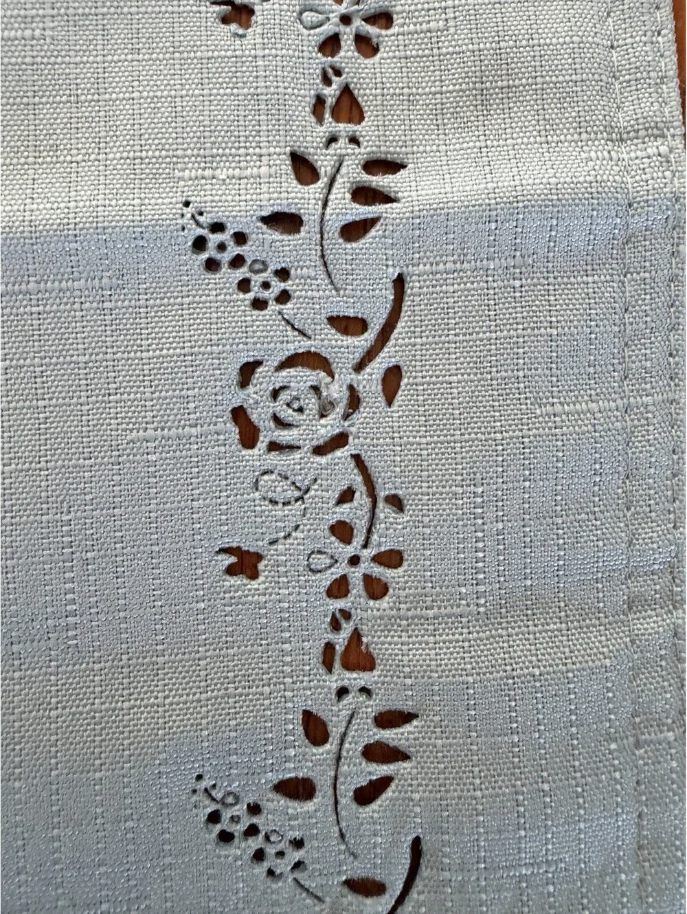 Vintage Style Table Runner Solid Blue Green With Cutwork Floral Border  12x68”